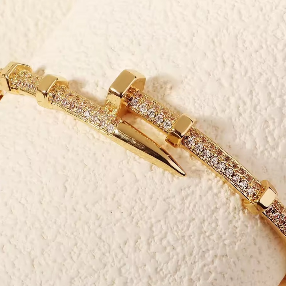 Women Gold Nail Bangle Sparkling Zircon Statement Bracelet